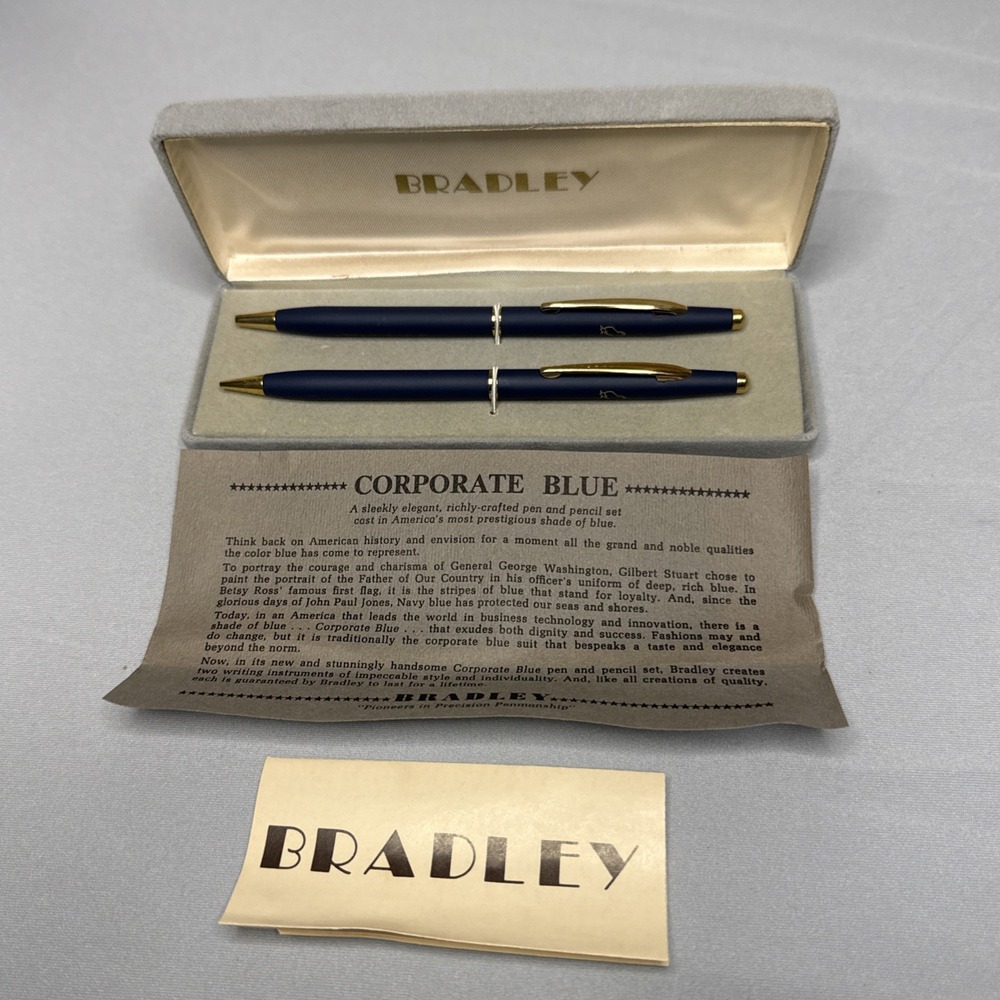 Vintage Bradley Corporate Blue Gold Pen & Pencil‎ Set With Case Bird Logo